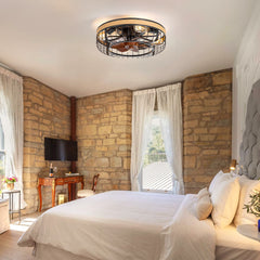 18.9-inch Industrial Flush Mount Caged Ceiling Fan with Light and Remote, 7 ABS Blades, 6-Speed Reversible DC Motor, for Small Indoor Spaces