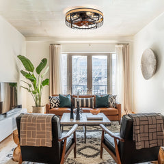 18.9-inch Industrial Flush Mount Caged Ceiling Fan with Light and Remote, 7 ABS Blades, 6-Speed Reversible DC Motor, for Small Indoor Spaces