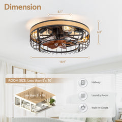 18.9-inch Industrial Flush Mount Caged Ceiling Fan with Light and Remote, 7 ABS Blades, 6-Speed Reversible DC Motor, for Small Indoor Spaces