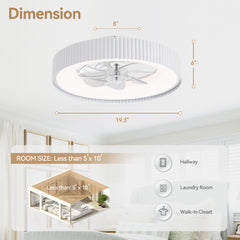 19.3-inch Flush Mount White Ceiling Fan with Dimmable LED Light, Remote Control, Stepless Color Temperature Adjustment, 7 Transparent ABS Blades