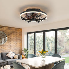 19.7-inch Flush Mount Caged Ceiling Fan with Light – Matte Black Finish, Quiet DC Motor, Remote Control,5 ABS Blades, Dimmable LED with 3 Color Temperatures