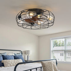 18.5-Inch Matte Black Caged Ceiling Fan with Light and Remote, Low Profile Flush Mount, Quiet DC Motor, 7 ABS Blades, Compatible with 4*E26 Base Bulbs