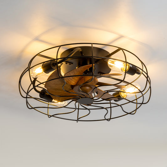 19/23.6-inch Caged Ceiling Fan with Light and Remote, Low Profile Flush Mount, Quiet DC Motor, ABS Blades, E26 Bulb Compatible, Industrial Farmhouse Ceiling Fan for Small Spaces