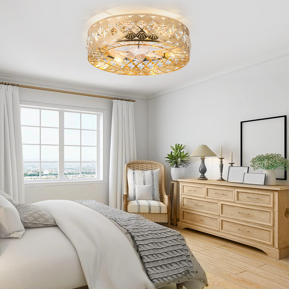 19" Rose Gold Caged Ceiling Fans with Lights Remote Control, Low Profile Flush Mount Ceiling Fan, Modern Bladeless Enclosed Ceiling Fan with Light for Bedroom, 7 Reversible Transparent Blades