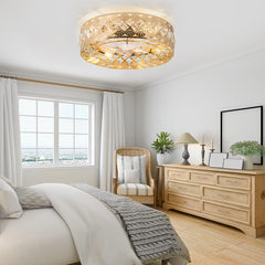 19" Rose Gold Caged Ceiling Fans with Lights Remote Control, Low Profile Flush Mount Ceiling Fan, Modern Bladeless Enclosed Ceiling Fan with Light for Bedroom, 7 Reversible Transparent Blades