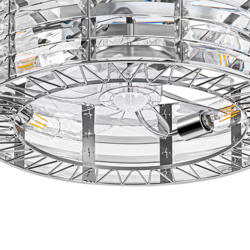 19 inch Caged Ceiling Fans with Crystal Lights Remote Control, Low Profile Flush Mount Ceiling Fan with 7 Reversible Blades, DC Motor, Modern Enclosed Ceiling Fan with Light for Bedroom