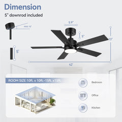 42-inch 5-Blade Ceiling Fan with Lights and Remote, 6 Speeds Reversible DC Motor Noiseless, Modern Ceiling Fan for Patios, Living Room, Farmhouse, Kitchen