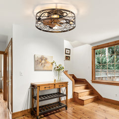 19 Inch 7-Blade Low Profile Flush Mount Caged Ceiling Fan with Remote Light