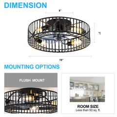 19-in Ceiling Fan with Light, Flush Mount Fandelier Enclosed Caged Ceiling Fans with Remote