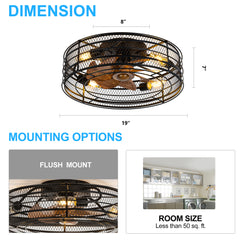19 Inch Black Low Profile Caged Ceiling Fan with Remote and Light(7-Blade)