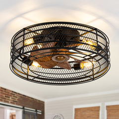 19 Inch Black Low Profile Caged Ceiling Fan with Remote and Light(7-Blade)