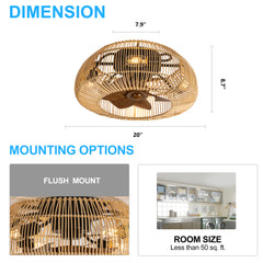 20-inch Boho Rattan Caged Flush Mount Ceiling Fan with Light and Remote