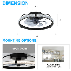 20" Low Profile Flush Mount Ceiling Fans with Lights, Modern Small Caged Ceiling Fan Remote Control, Reversible DC Motor, Fandelier Ceiling Fan Light for Bedroom Living Room Home