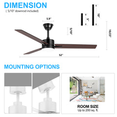 52 Inch LED Ceiling Fan with Light and Remote(3-Blade )