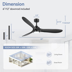 60-in Black 3-Blade Ceiling Fan with Remote, 6in and 12in Downrods Included