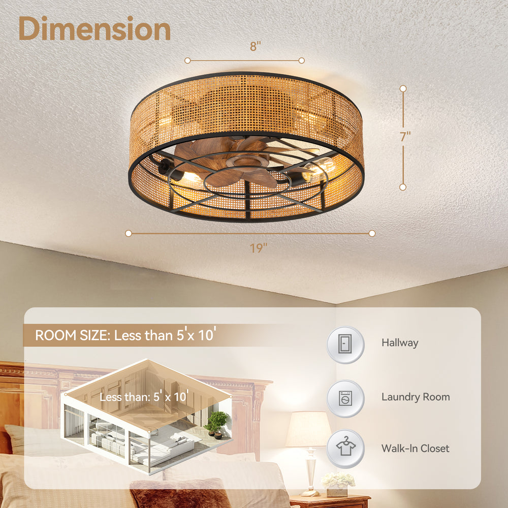 Novon 19" Boho Rattan Caged Ceiling Fan With Light & Remote