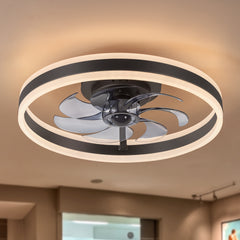 Black Caged Ceiling Fan with LED Light, 20/23 Inch Flush Mount Low-Profile Fan with 6/7 Blades, Quiet DC Motor and Remote Control, Dimmable Light with Memory, Modern Indoor Ceiling Fan for Bedrooms, Living Rooms, Kitchens, and Dining Areas
