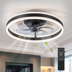 Black Caged Ceiling Fan with LED Light, 20/23 Inch Flush Mount Low-Profile Fan with 6/7 Blades, Quiet DC Motor and Remote Control, Dimmable Light with Memory, Modern Indoor Ceiling Fan for Bedrooms, Living Rooms, Kitchens, and Dining Areas