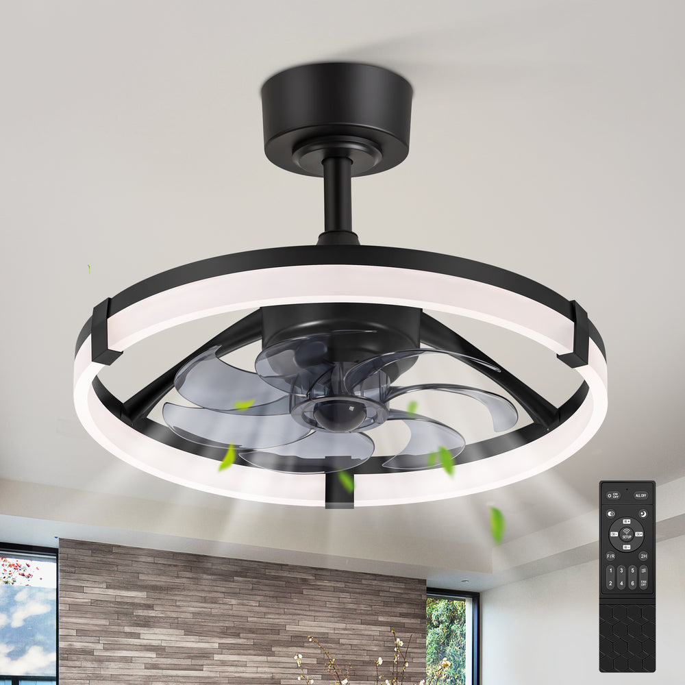 Black Caged Ceiling Fan with LED Light, 20/23 Inch Downrod-Mount Indoor Fan with 6/7 Blades, Quiet DC Motor, Dimmable LED with Memory, Remote Control, Modern Ceiling Fan for Bedroom, Living Room, Kitchen, Dining Room