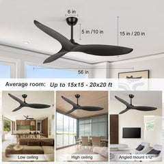 56-in Modern Black 3-Blade Propeller DC Ceiling Fan with Remote without Light,5in and 10in Downrod Included