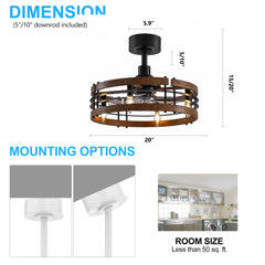 20 in Caged Ceiling Fan with Light, Bladeless Industrial Ceiling Fan with Remote, Vintage Rustic Fan Lights Ceiling Fixtures for Kitchen, Farmhouse, Bedroom,6 Speed,2/4/8h Timing