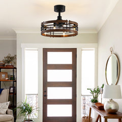 20 in Caged Ceiling Fan with Light, Bladeless Industrial Ceiling Fan with Remote, Vintage Rustic Fan Lights Ceiling Fixtures for Kitchen, Farmhouse, Bedroom,6 Speed,2/4/8h Timing