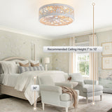 Arachne vintage white flush mount ceiling fan with light installed in a bedroom, recommended for 7- to 10-foot ceilings with at least 30 inches of clearance below.