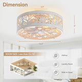 Arachne 16.5-inch vintage white flush mount ceiling fan with light, measuring 16.5 inches wide and 8 inches high, ideal for hallways, laundry rooms, and walk-in closets.