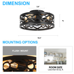 16.5-Inch Small Caged Ceiling Fans with Lights and Remote Control, Flush Mount Low Profile Ceiling Fan with DC Motor, Modern Ceiling Fan Light Chandelier, Bulbs Not Included
