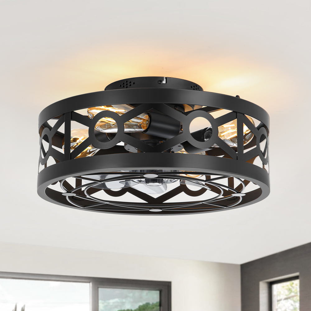 16.5-Inch Small Caged Ceiling Fans with Lights and Remote Control, Flush Mount Low Profile Ceiling Fan with DC Motor, Modern Ceiling Fan Light Chandelier, Bulbs Not Included