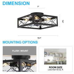 15.7 inch Caged Flush Mount Ceiling Fans with Lights and Remote, Modern Square Low Profile Ceiling Fan, Small Farmhouse Bladeless Ceiling Fan for Bedroom, Kitchen, Indoor