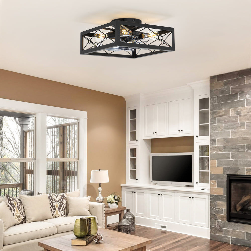 15.7 inch Caged Flush Mount Ceiling Fans with Lights and Remote, Modern Square Low Profile Ceiling Fan, Small Farmhouse Bladeless Ceiling Fan for Bedroom, Kitchen, Indoor