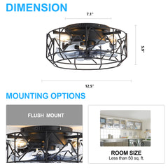 12.5 Inch Small Caged Ceiling Fan with Light, Reversible DC Motor, 6-Speed, Timer, Low Profile Flush Mount Ceiling Fan Remote Control for Bedroom, Bulbs Not Included