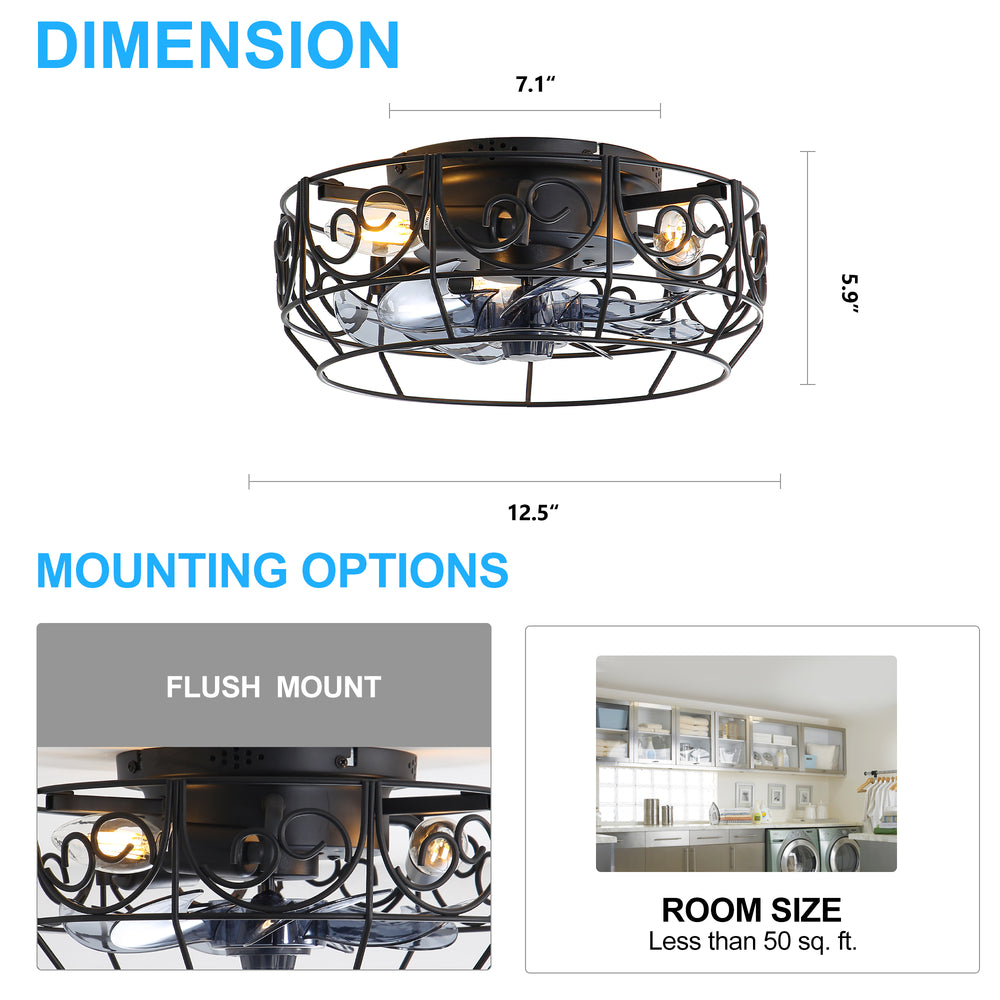 12.5 Inch Caged Ceiling fans with Lights, Bladeless Farmhouse Fandelier Ceiling Fan with Remote, Enclosed Small Ceiling Fan for Bedroom Kitchen