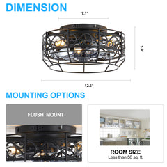 12.5 Inch Caged Ceiling Fans With Lights and Remote, Flush Mount Bladeless Low Profile, Small Farmhouse Industrial Enclosed Ceiling Fan For Bedroom, Kitchen, Indoor