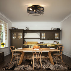 12.5 Inch Caged Ceiling Fans With Lights and Remote, Flush Mount Bladeless Low Profile, Small Farmhouse Industrial Enclosed Ceiling Fan For Bedroom, Kitchen, Indoor