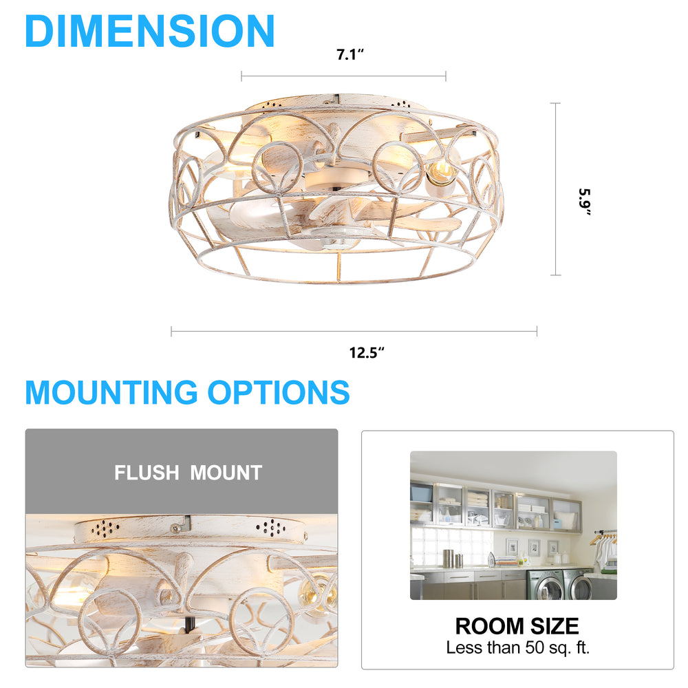 12.5-Inch 7-Blade Flush Mount Caged Ceiling Fan with Remote Light