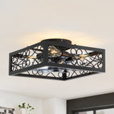 15.7 inch Caged Flush Mount Ceiling Fans with Lights and Remote, Modern Square Low Profile Ceiling Fan, Small Farmhouse Bladeless Ceiling Fan for Bedroom, Kitchen, Indoor