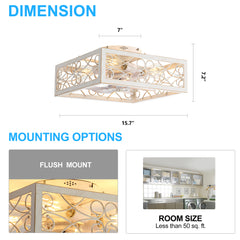 15.7 inch Caged Flush Mount Ceiling Fans with Lights and Remote, Modern Square Low Profile Ceiling Fan, Small Farmhouse Bladeless Ceiling Fan for Bedroom, Kitchen, Indoor