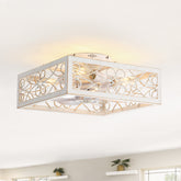 15.7 inch Caged Flush Mount Ceiling Fans with Lights and Remote, Modern Square Low Profile Ceiling Fan, Small Farmhouse Bladeless Ceiling Fan for Bedroom, Kitchen, Indoor