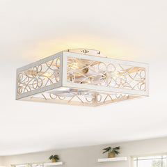 15.7 inch Caged Flush Mount Ceiling Fans with Lights and Remote, Modern Square Low Profile Ceiling Fan, Small Farmhouse Bladeless Ceiling Fan for Bedroom, Kitchen, Indoor