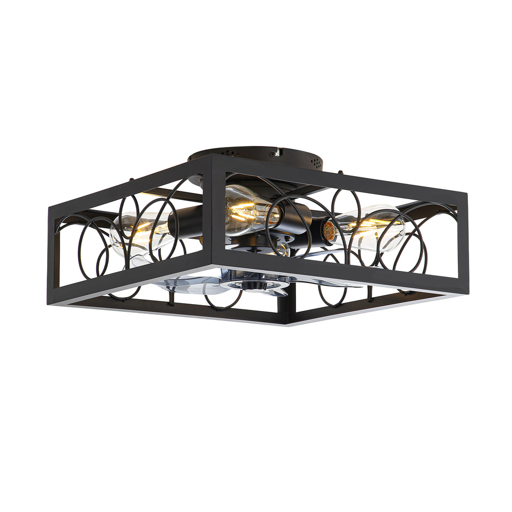 15.8 inch Caged Flush Mount Ceiling Fans with Lights and Remote, Modern Square Low Profile Ceiling Fan, Small Farmhouse Bladeless Ceiling Fan for Bedroom, Kitchen, Indoor