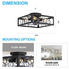 15.8 inch Caged Flush Mount Ceiling Fans with Lights and Remote, Modern Square Low Profile Ceiling Fan, Small Farmhouse Bladeless Ceiling Fan for Bedroom, Kitchen, Indoor