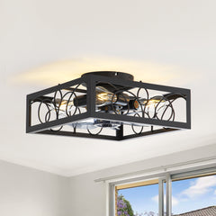 15.8 inch Caged Flush Mount Ceiling Fans with Lights and Remote, Modern Square Low Profile Ceiling Fan, Small Farmhouse Bladeless Ceiling Fan for Bedroom, Kitchen, Indoor