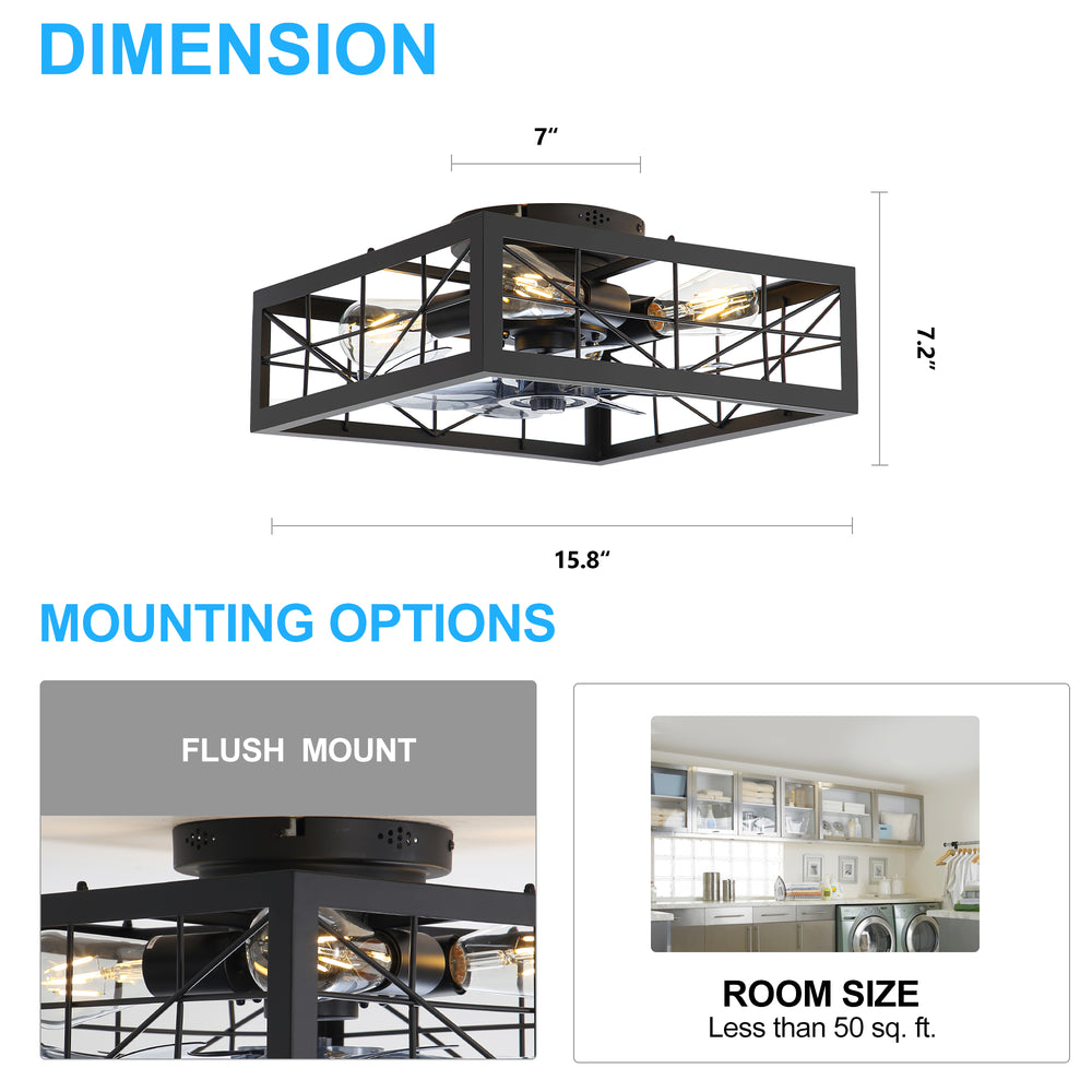 15.8 inch Caged Flush Mount Ceiling Fans with Lights and Remote, Modern Square Low Profile Ceiling Fan, Small Farmhouse Bladeless Ceiling Fan for Bedroom, Kitchen, Indoor
