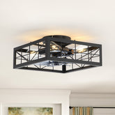 15.8 inch Caged Flush Mount Ceiling Fans with Lights and Remote, Modern Square Low Profile Ceiling Fan, Small Farmhouse Bladeless Ceiling Fan for Bedroom, Kitchen, Indoor
