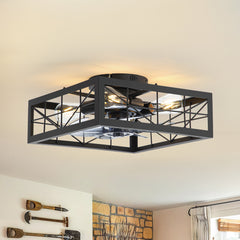 15.8 inch Caged Flush Mount Ceiling Fans with Lights and Remote, Modern Square Low Profile Ceiling Fan, Small Farmhouse Bladeless Ceiling Fan for Bedroom, Kitchen, Indoor