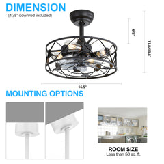 16.5 in Small Low Profile Ceiling Fan with Light,Caged Ceiling Fan with Light and Remote,6 Speed and Reversible Farmhouse Bladeless Flush Mount Ceiling Fan for Bedroom, Kitchen
