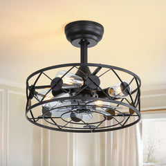 16.5 in Small Low Profile Ceiling Fan with Light,Caged Ceiling Fan with Light and Remote,6 Speed and Reversible Farmhouse Bladeless Flush Mount Ceiling Fan for Bedroom, Kitchen