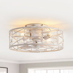 16.5-in Vintage Distressed White Flush Mount Caged Ceiling Fan with Remote and Light